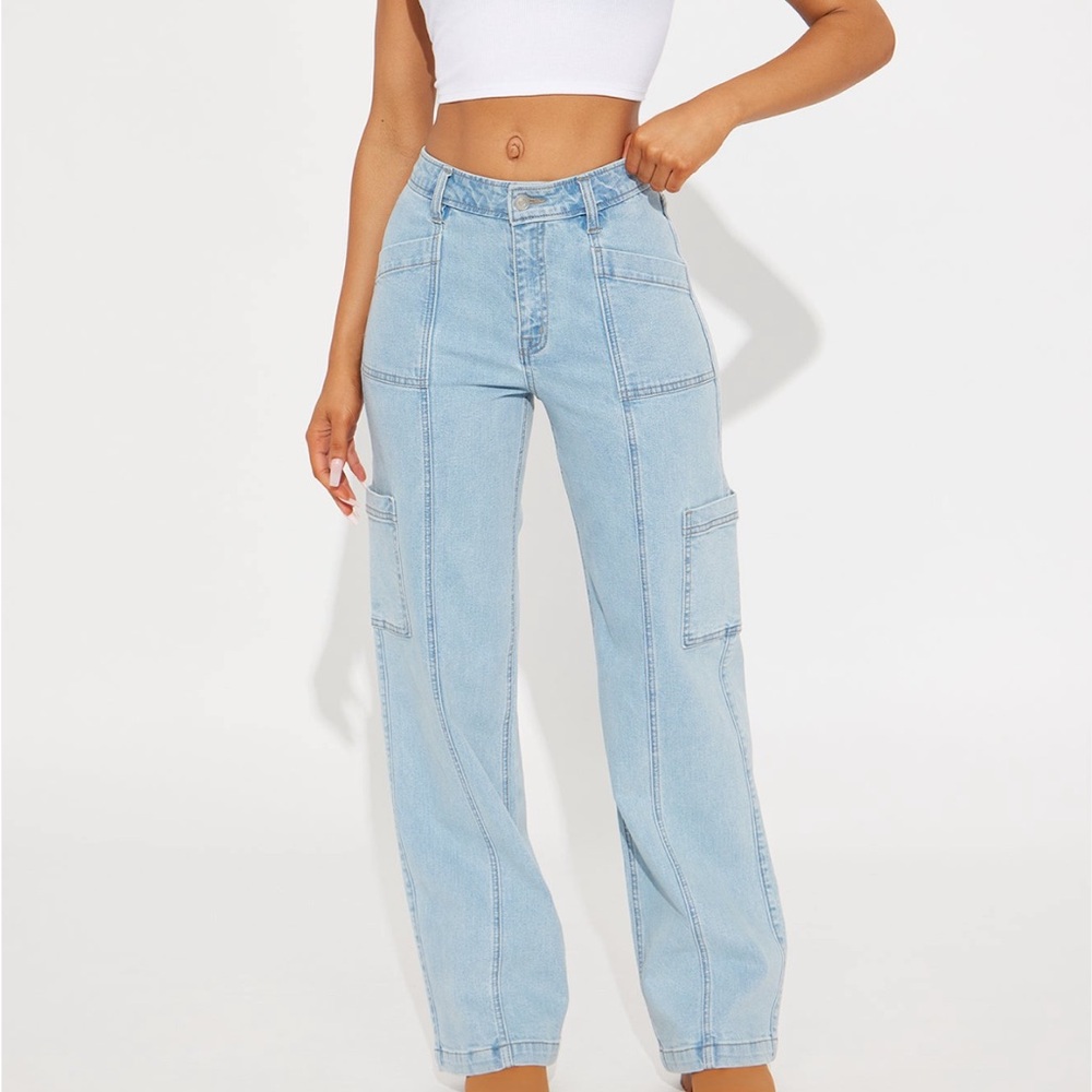 Fashion Nova Light Blue Flare Cargo Jeans